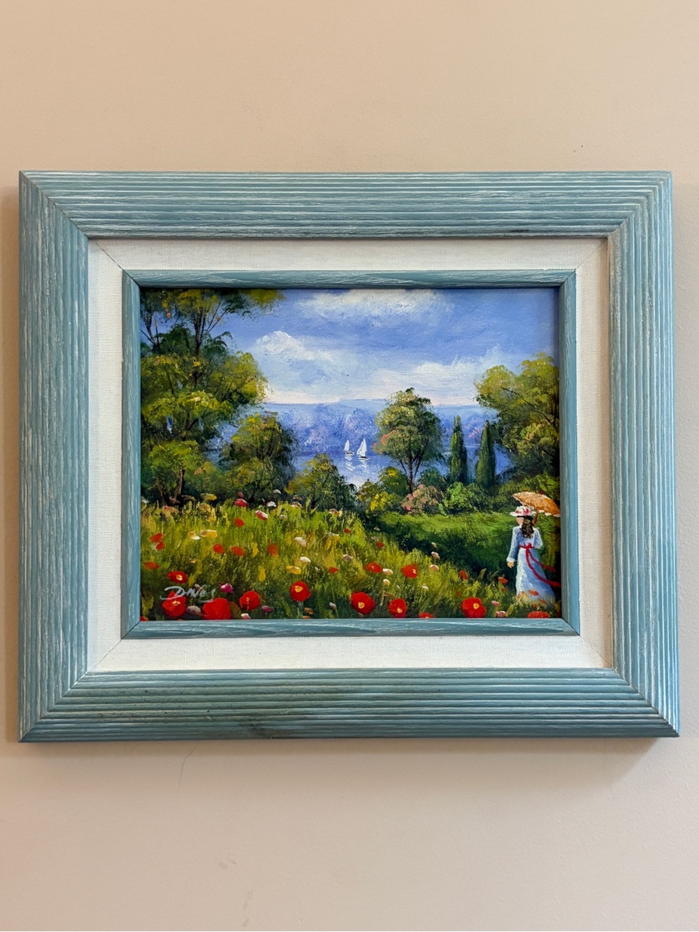 Vintage Artist Signed Impressionist Landscape Woman Figure Painting Framed Art